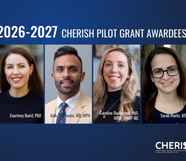 Collage headshots of pilot grantees: Courtney Baird, Avik Chatterjee, Caroline Darlington, and Sarah Marks.